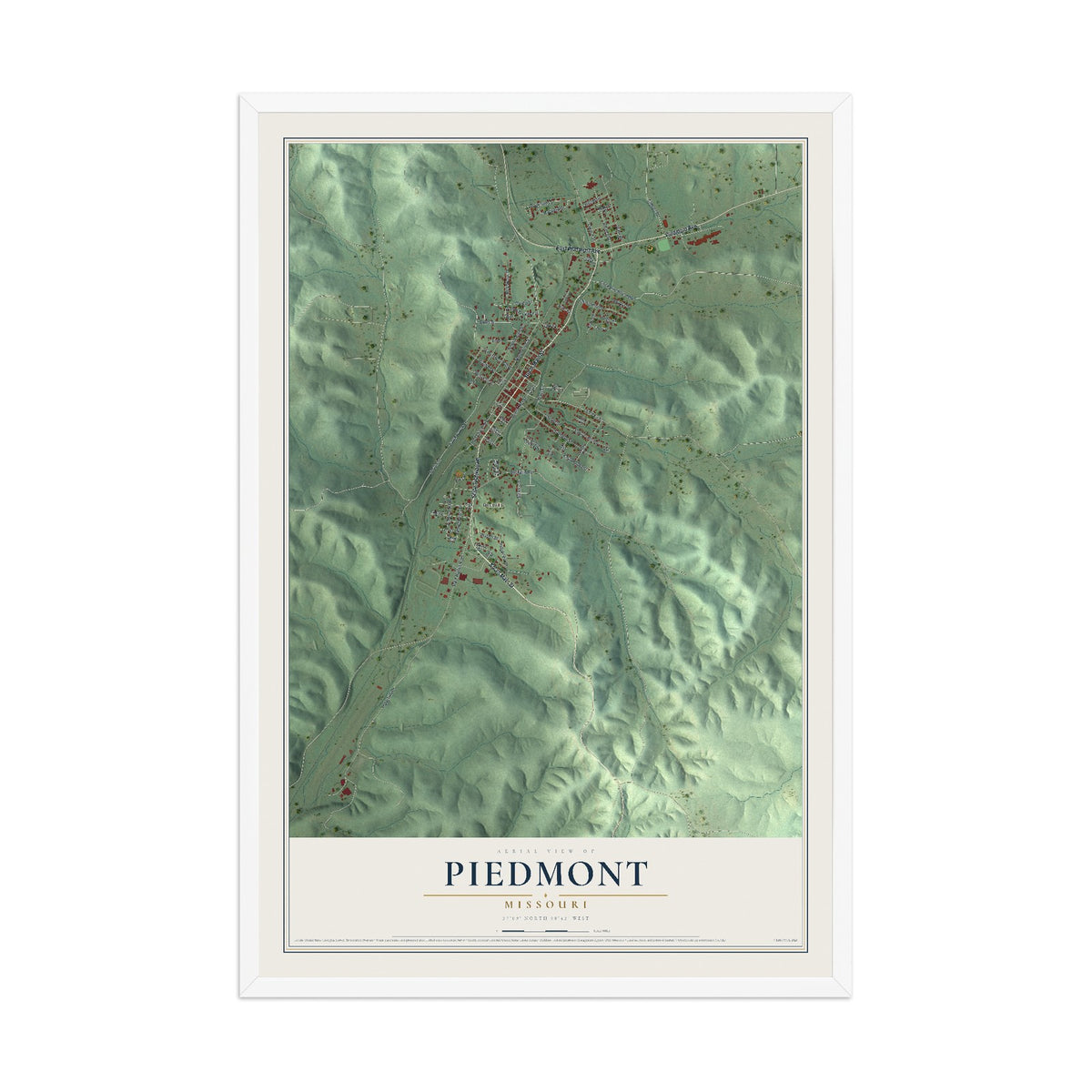 Map of Piedmont, Missouri, 12 x 18 inch print in a white wood frame