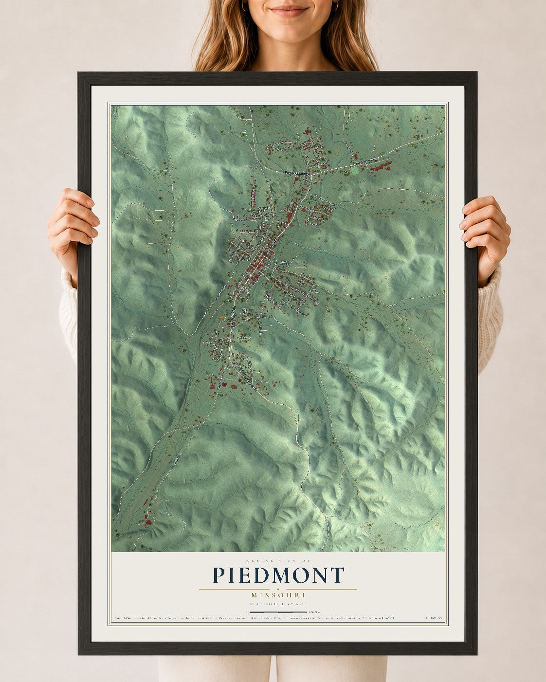 Map of Piedmont, Missouri, 24 x 36 inch print in a black wood frame