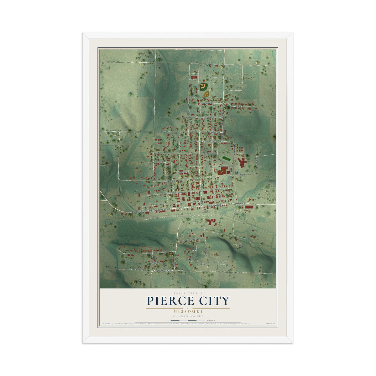Map of Pierce City, Missouri, 12 x 18 inch print in a white wood frame