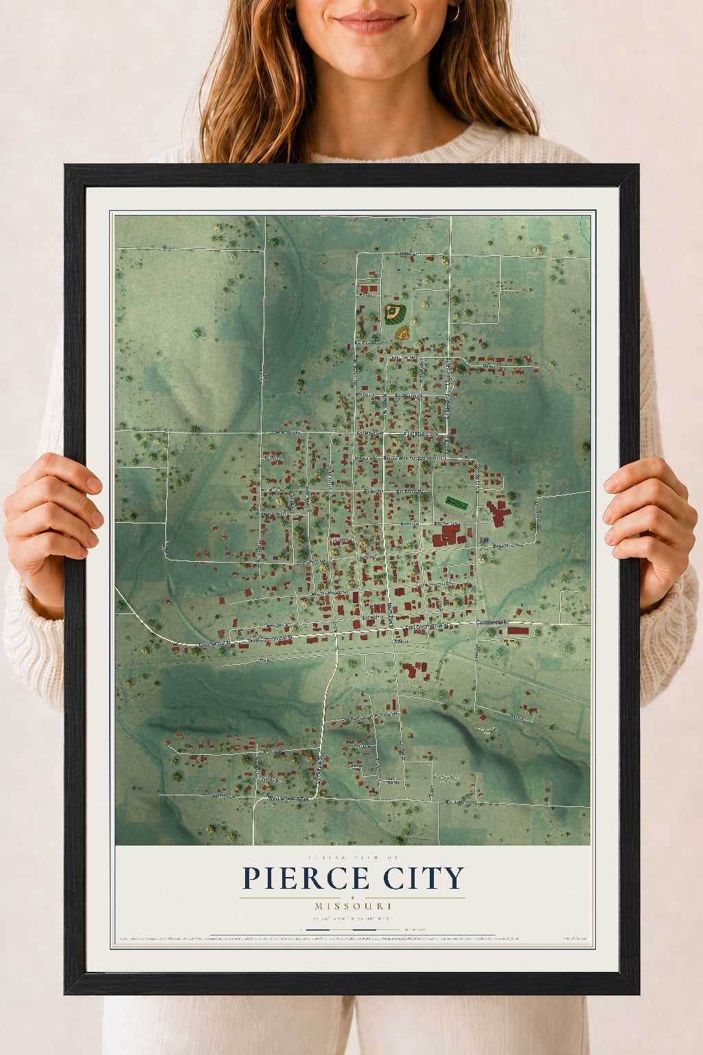 Map of Pierce City, Missouri, 18 x 24 inch print in a black wood frame
