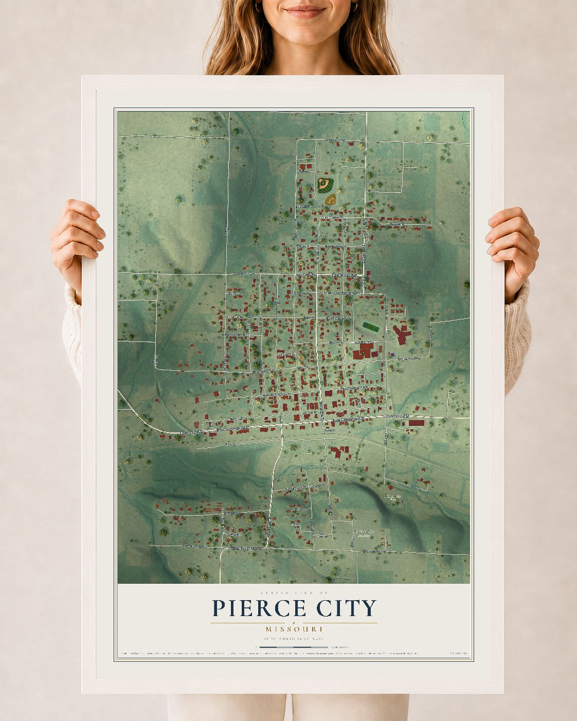 Map of Pierce City, Missouri, 24 x 36 inch print in a white wood frame
