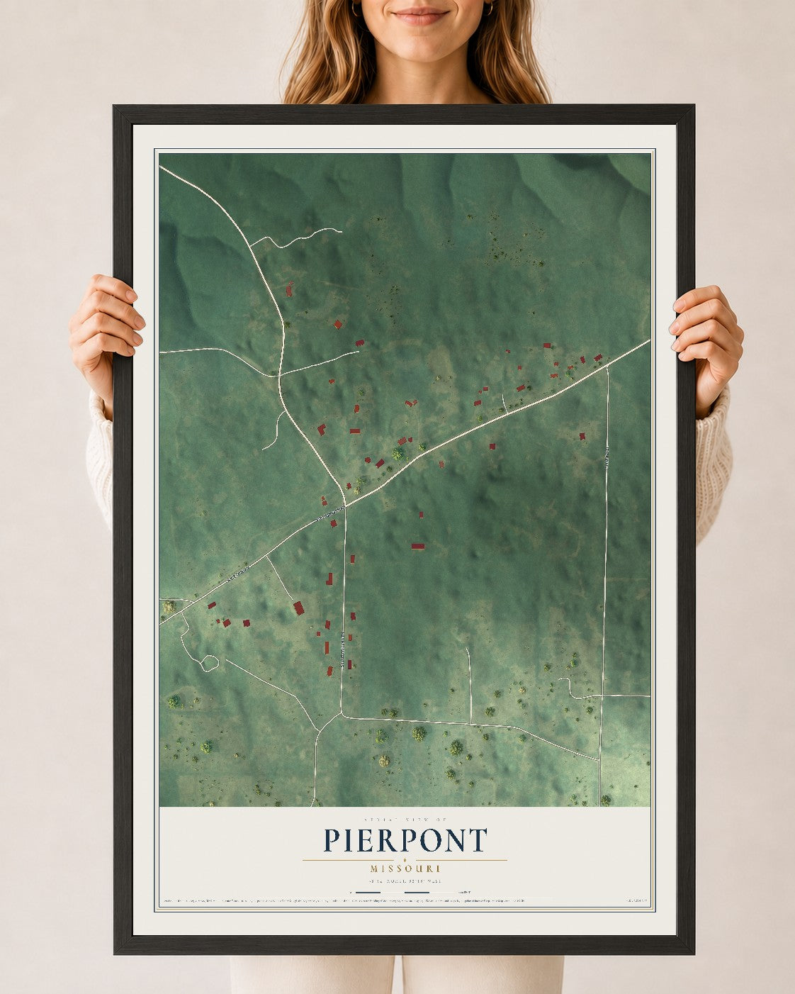 Map of Pierpont, Missouri, 24 x 36 inch print in a black wood frame