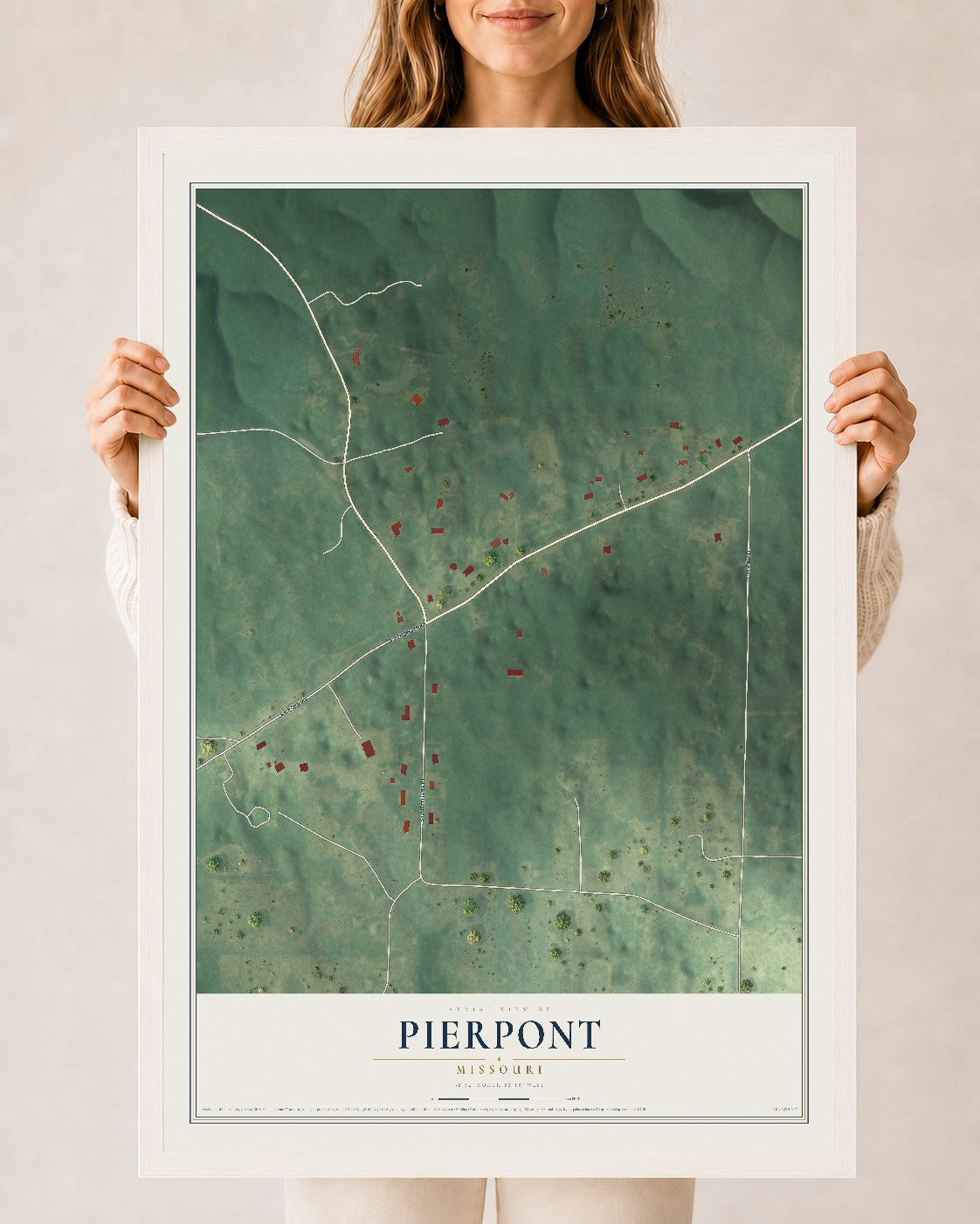 Map of Pierpont, Missouri, 24 x 36 inch print in a white wood frame