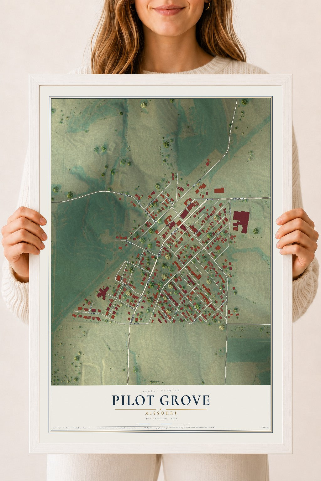 Map of Pilot Grove, Missouri, 18 x 24 inch print in a white wood frame