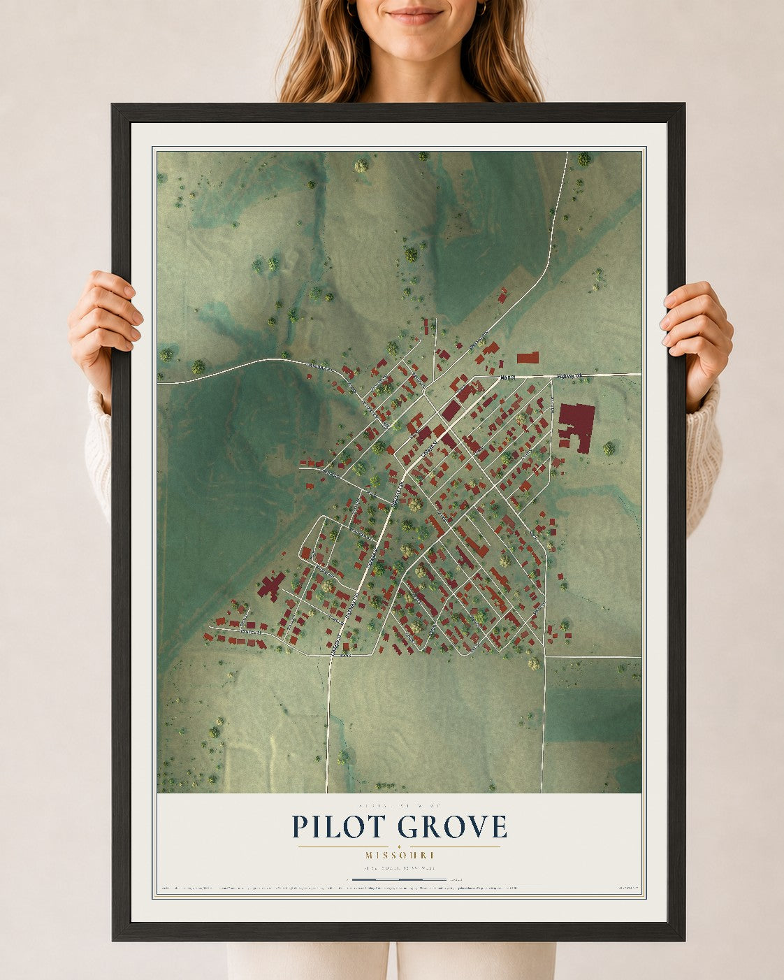 Map of Pilot Grove, Missouri, 24 x 36 inch print in a black wood frame