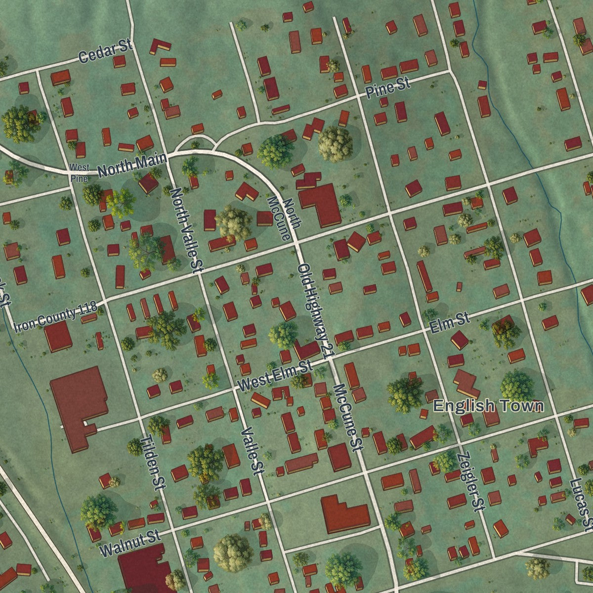 Close-up of the map of Pilot Knob, Missouri print showing street and building detail