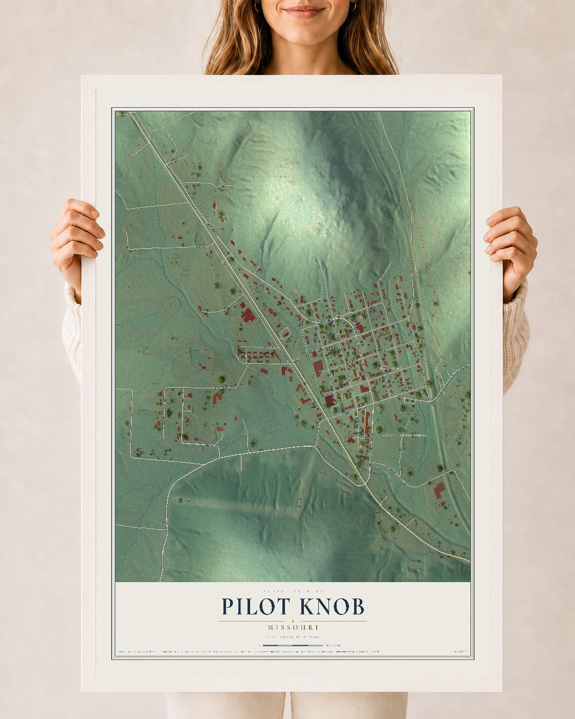 Map of Pilot Knob, Missouri, 24 x 36 inch print in a white wood frame