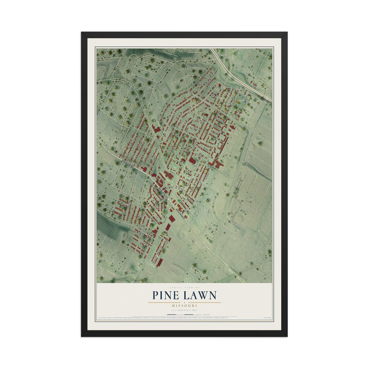 Map of Pine Lawn, Missouri, 12 x 18 inch print in a black wood frame