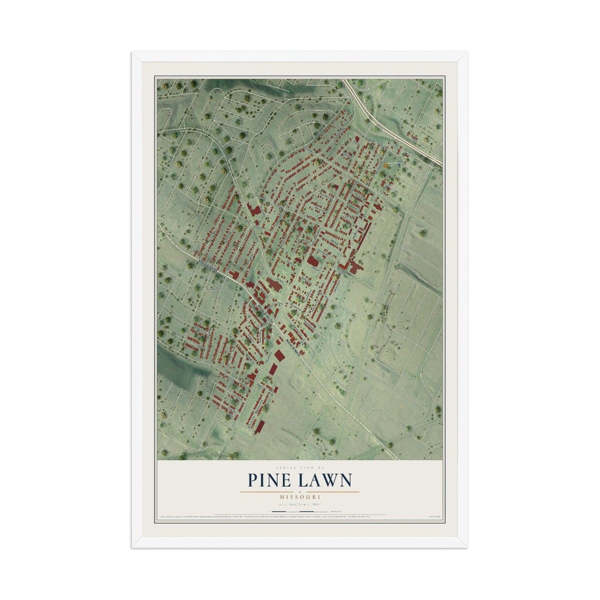 Map of Pine Lawn, Missouri, 12 x 18 inch print in a white wood frame