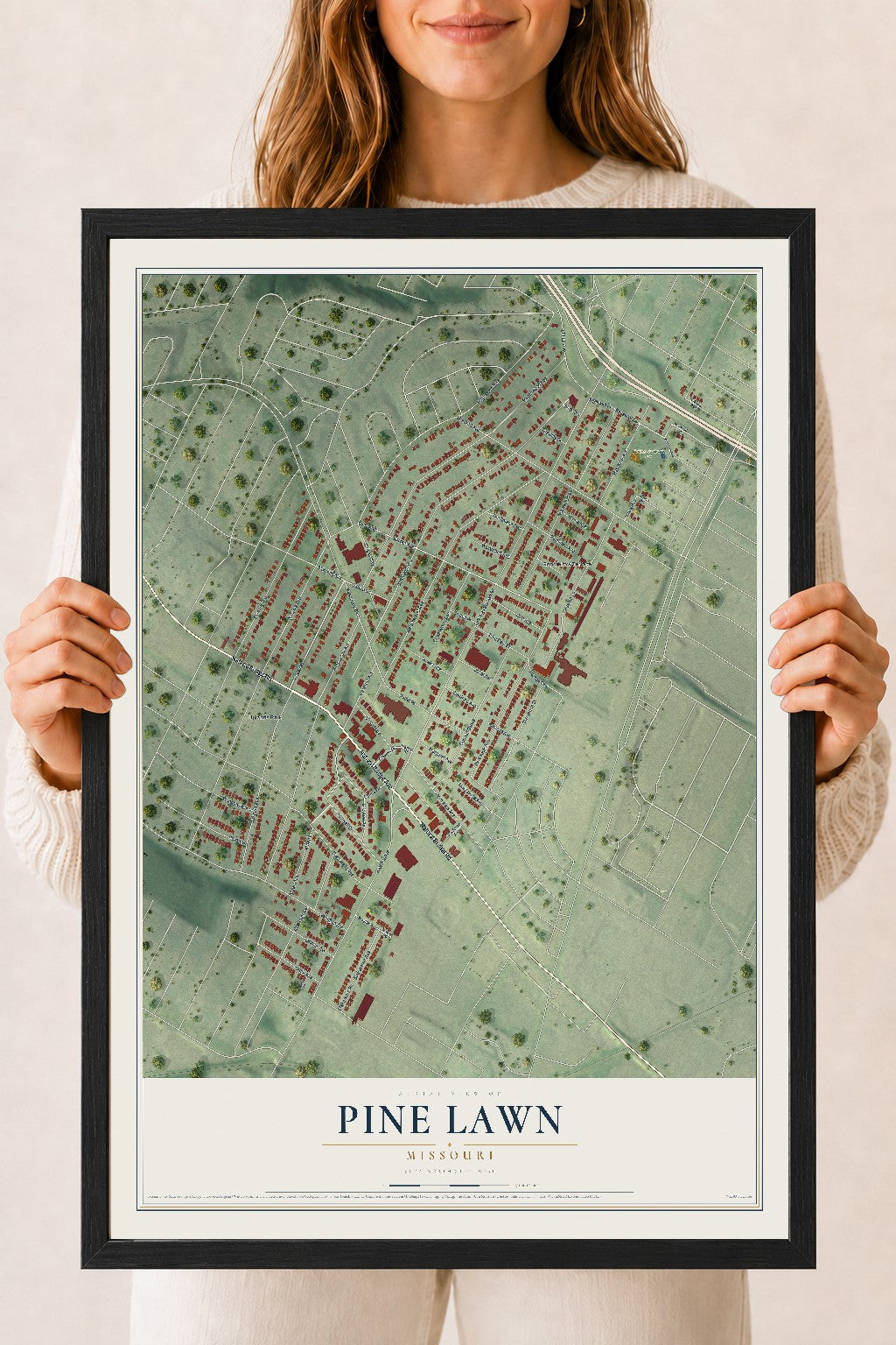 Map of Pine Lawn, Missouri, 18 x 24 inch print in a black wood frame