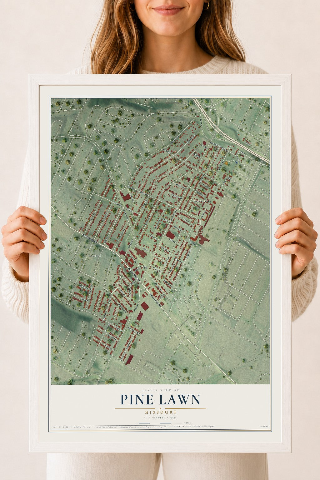 Map of Pine Lawn, Missouri, 18 x 24 inch print in a white wood frame
