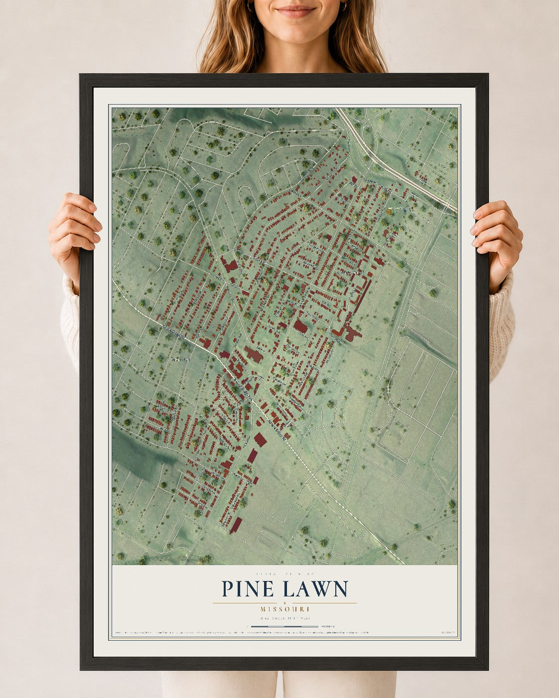 Map of Pine Lawn, Missouri, 24 x 36 inch print in a black wood frame