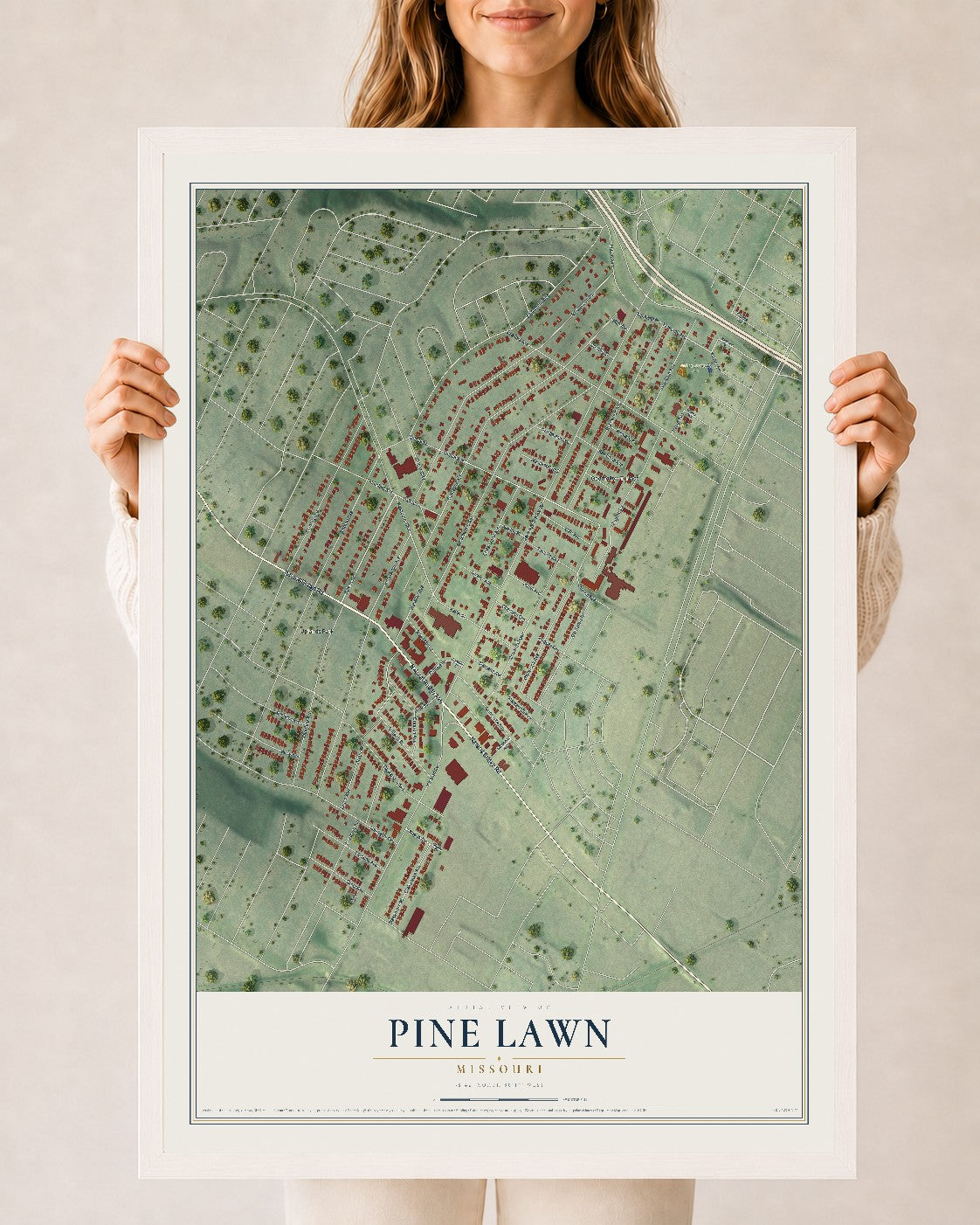 Map of Pine Lawn, Missouri, 24 x 36 inch print in a white wood frame