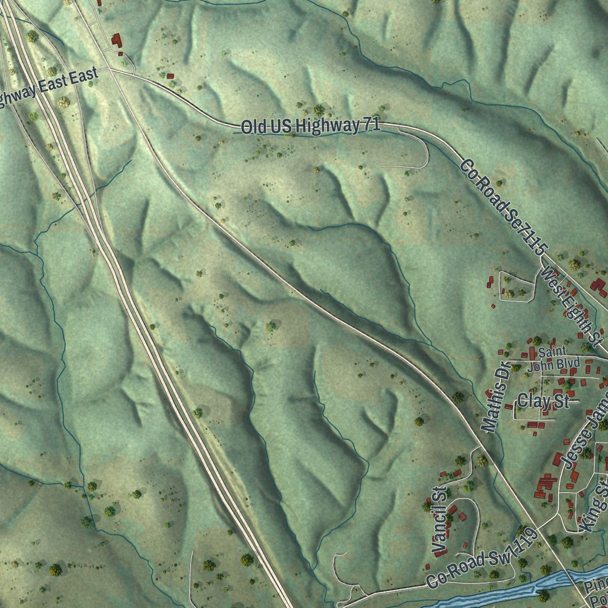 Second close-up of the map of Pineville, Missouri print showing more streets and buildings