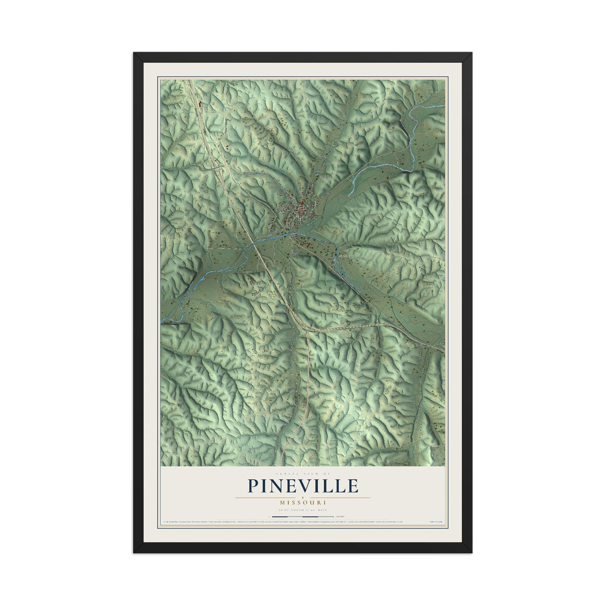 Map of Pineville, Missouri, 12 x 18 inch print in a black wood frame