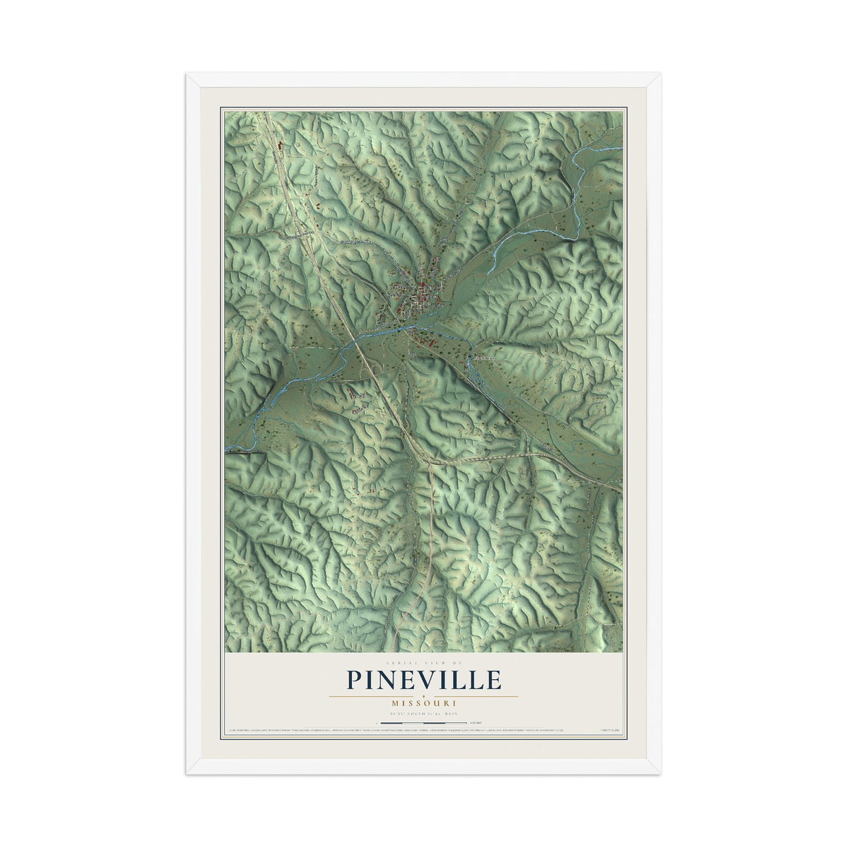 Map of Pineville, Missouri, 12 x 18 inch print in a white wood frame