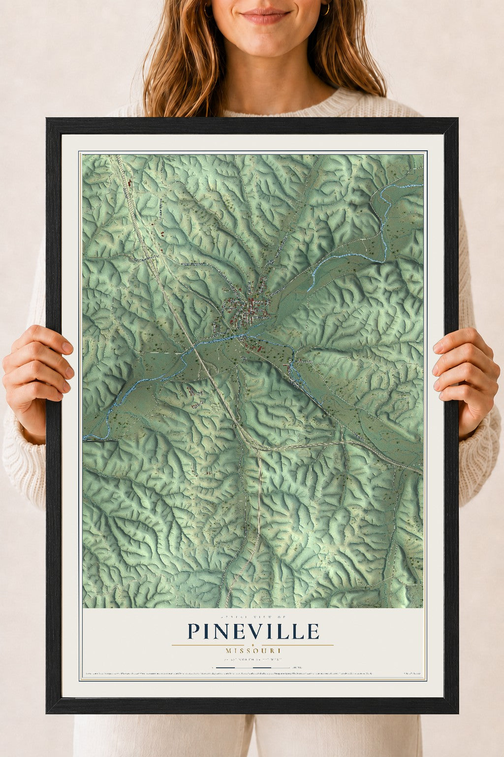 Map of Pineville, Missouri, 18 x 24 inch print in a black wood frame