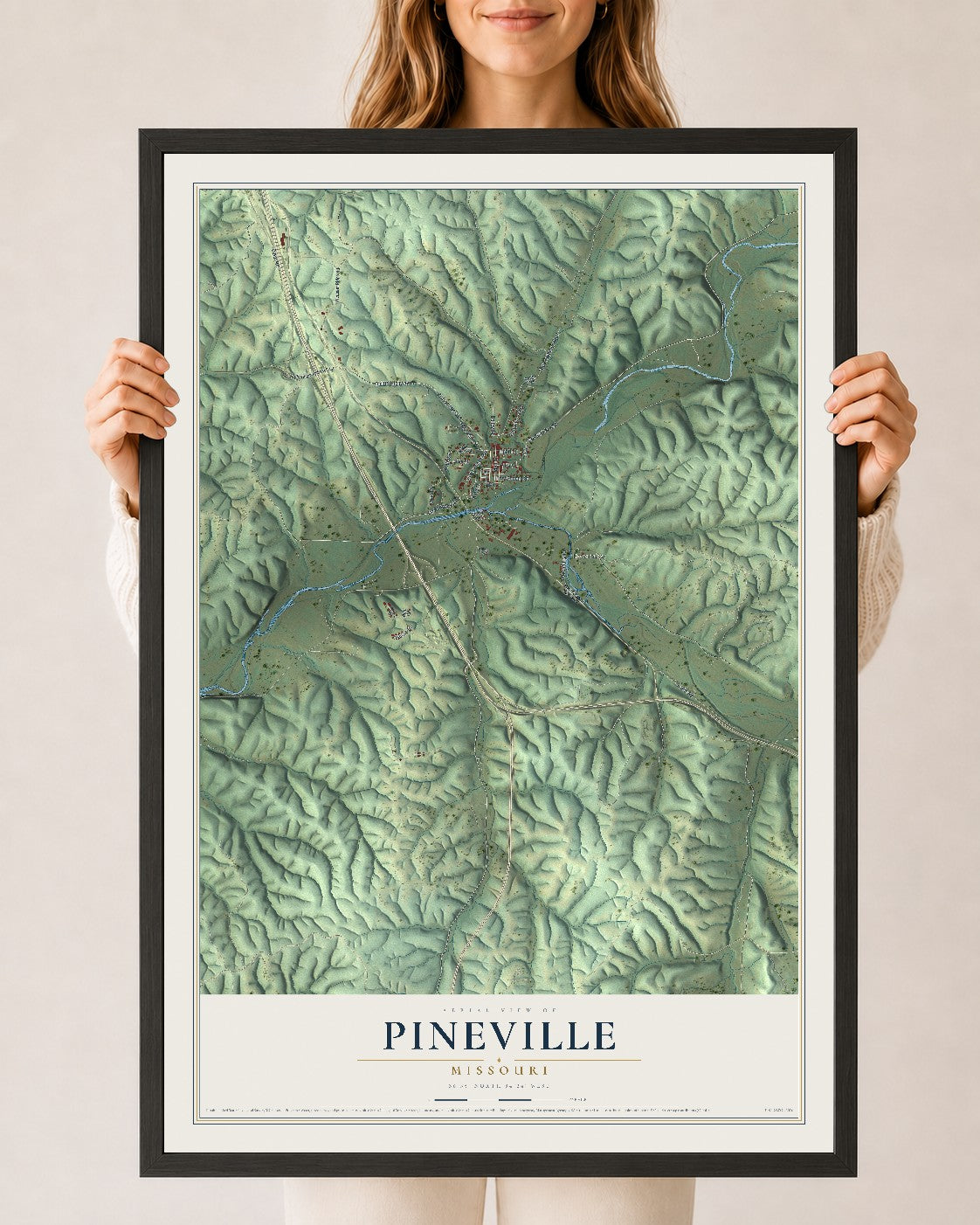 Map of Pineville, Missouri, 24 x 36 inch print in a black wood frame