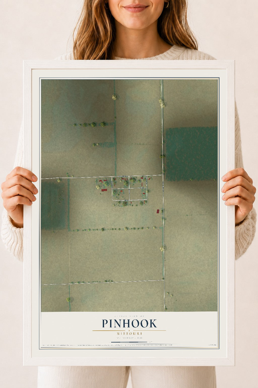 Map of Pinhook, Missouri, 18 x 24 inch print in a white wood frame