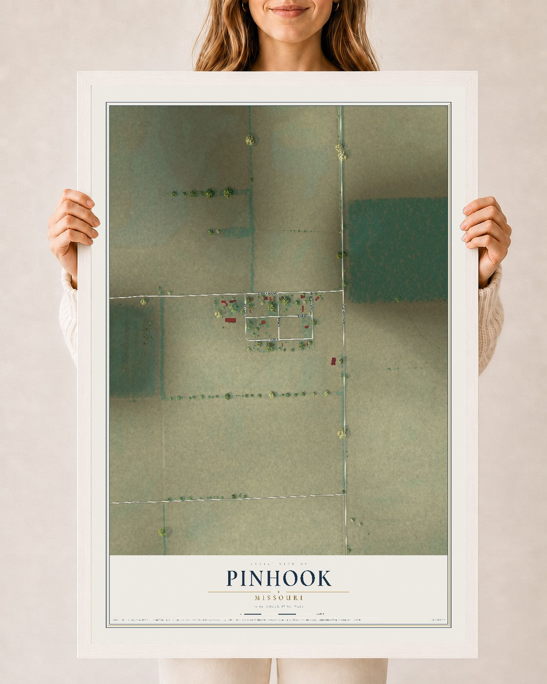 Map of Pinhook, Missouri, 24 x 36 inch print in a white wood frame