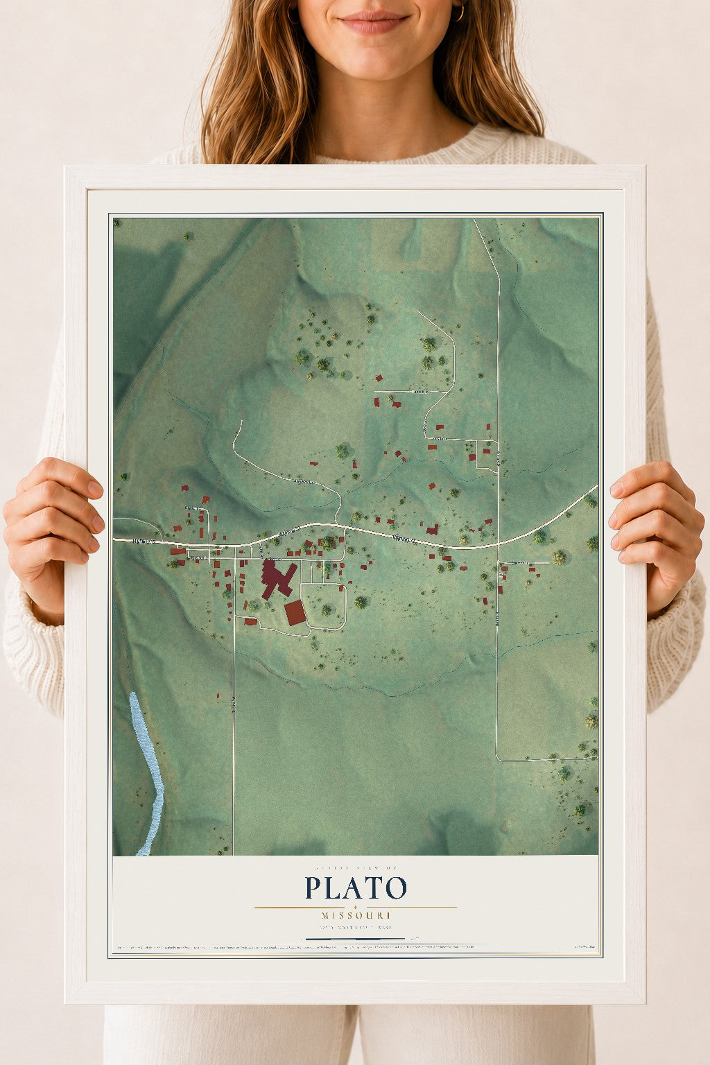 Map of Plato, Missouri, 18 x 24 inch print in a white wood frame