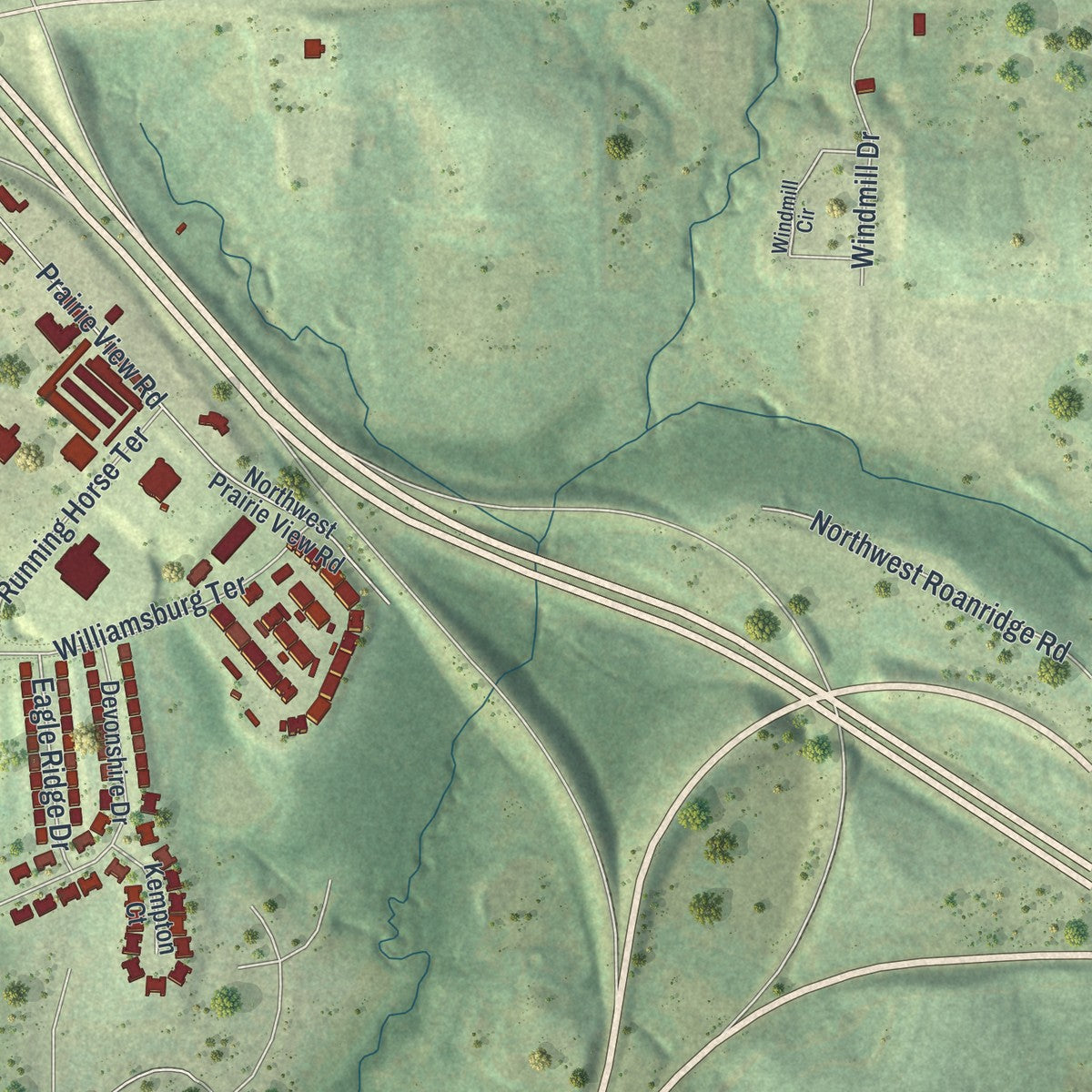 Second close-up of the map of Platte City, Missouri print showing more streets and buildings