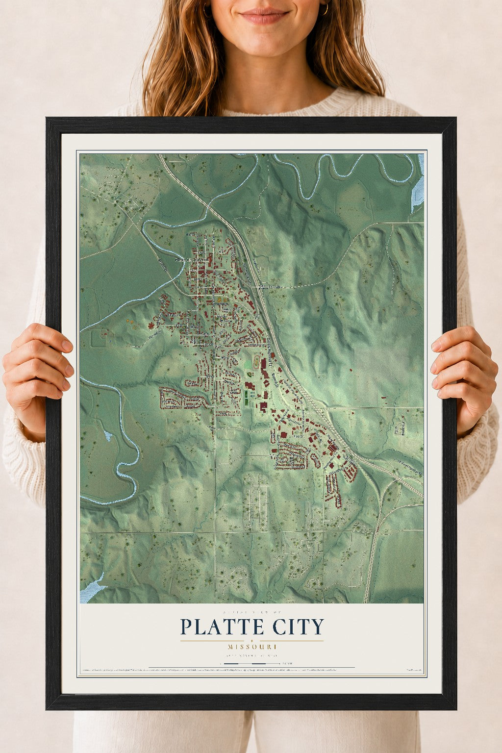 Map of Platte City, Missouri, 18 x 24 inch print in a black wood frame