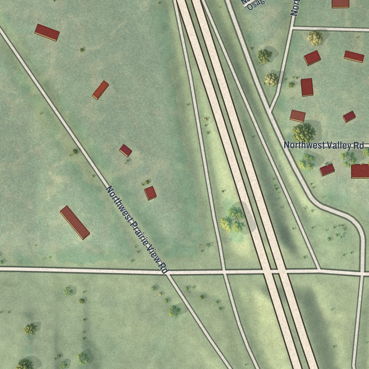 Second close-up of the map of Platte Woods, Missouri print showing more streets and buildings