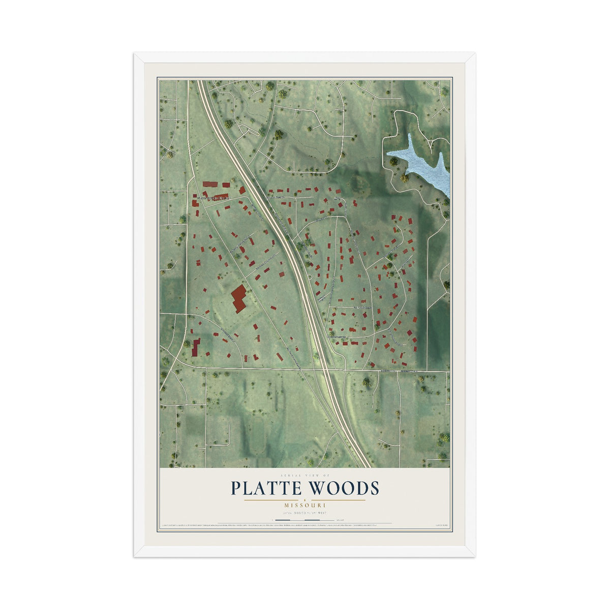 Map of Platte Woods, Missouri, 12 x 18 inch print in a white wood frame