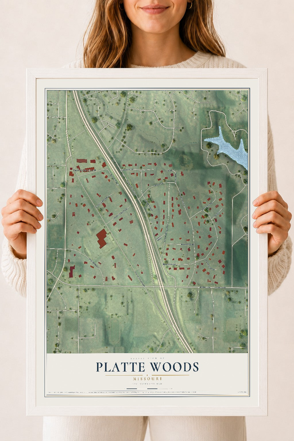Map of Platte Woods, Missouri, 18 x 24 inch print in a white wood frame