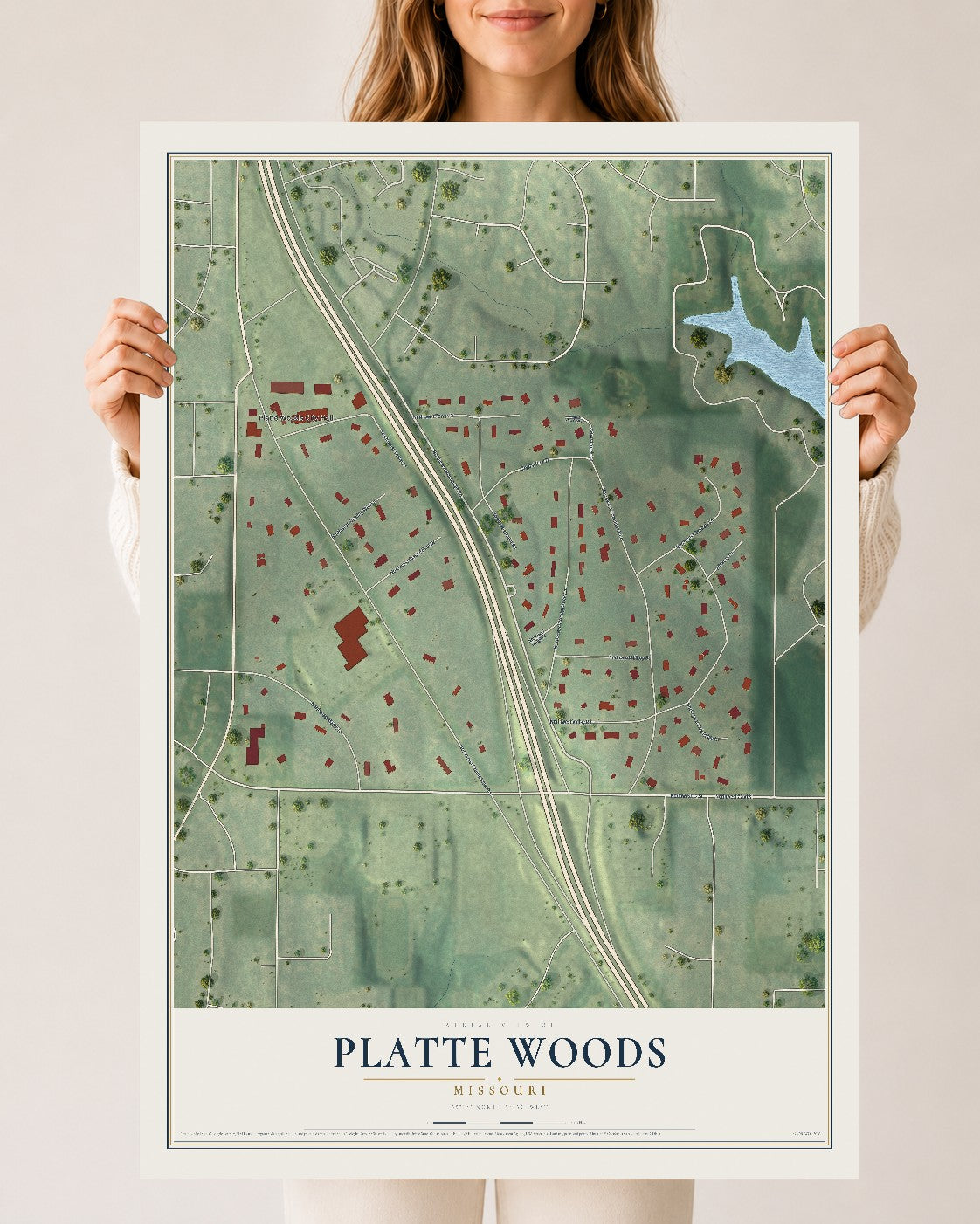 Map of Platte Woods, Missouri, 24 x 36 inch unframed archival matte print