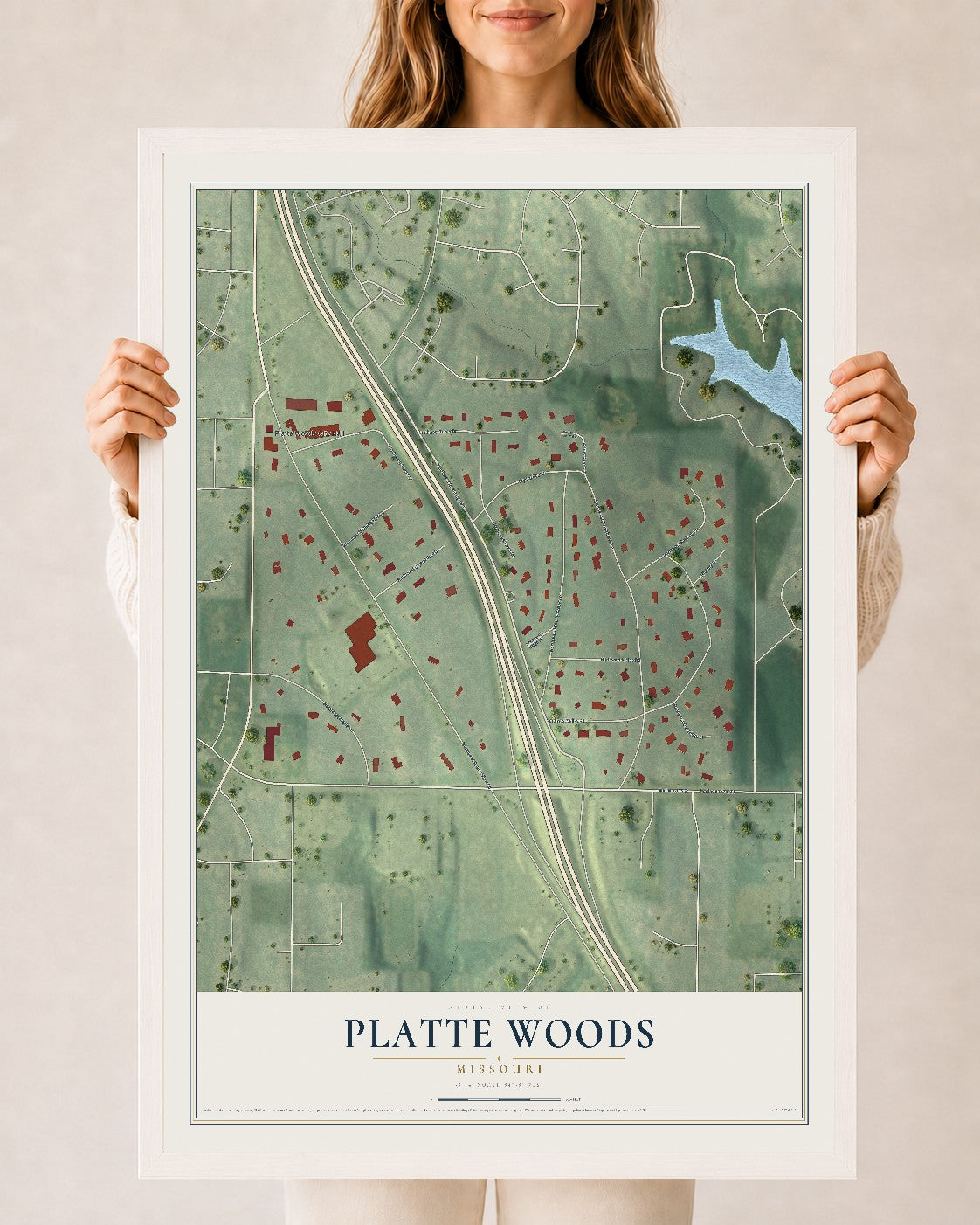 Map of Platte Woods, Missouri, 24 x 36 inch print in a white wood frame