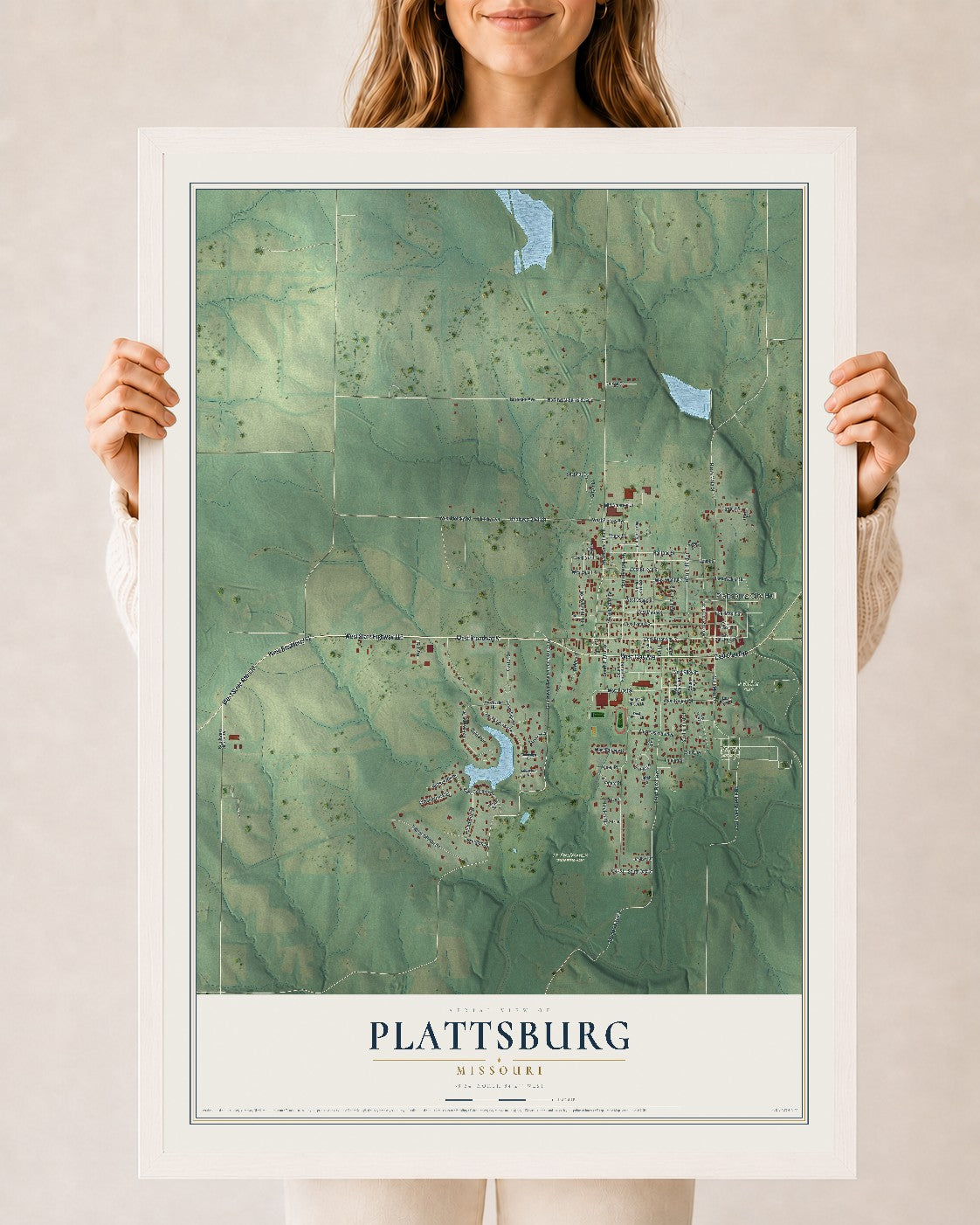 Map of Plattsburg, Missouri, 24 x 36 inch print in a white wood frame