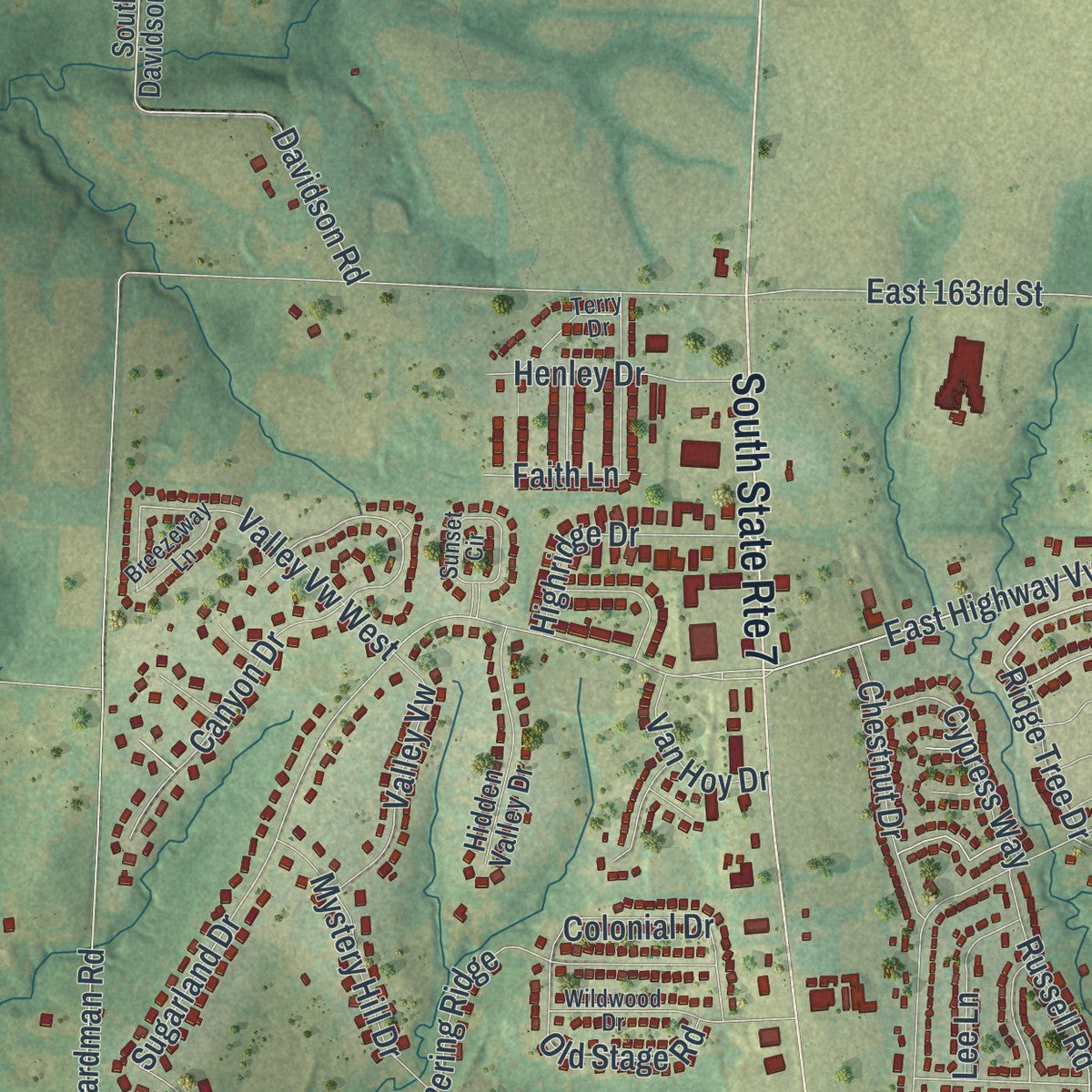 Second close-up of the map of Pleasant Hill, Missouri print showing more streets and buildings