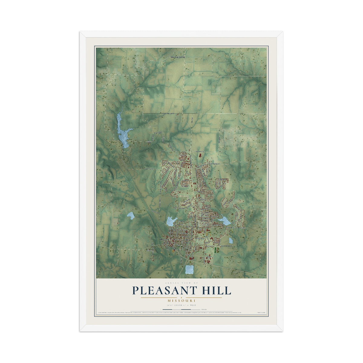 Map of Pleasant Hill, Missouri, 12 x 18 inch print in a white wood frame