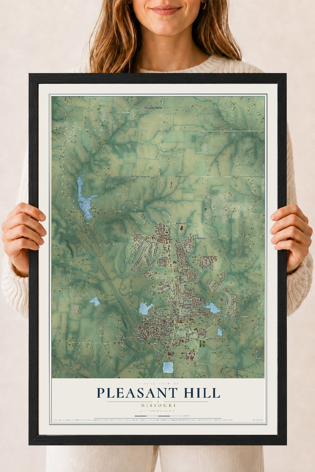 Map of Pleasant Hill, Missouri, 18 x 24 inch print in a black wood frame