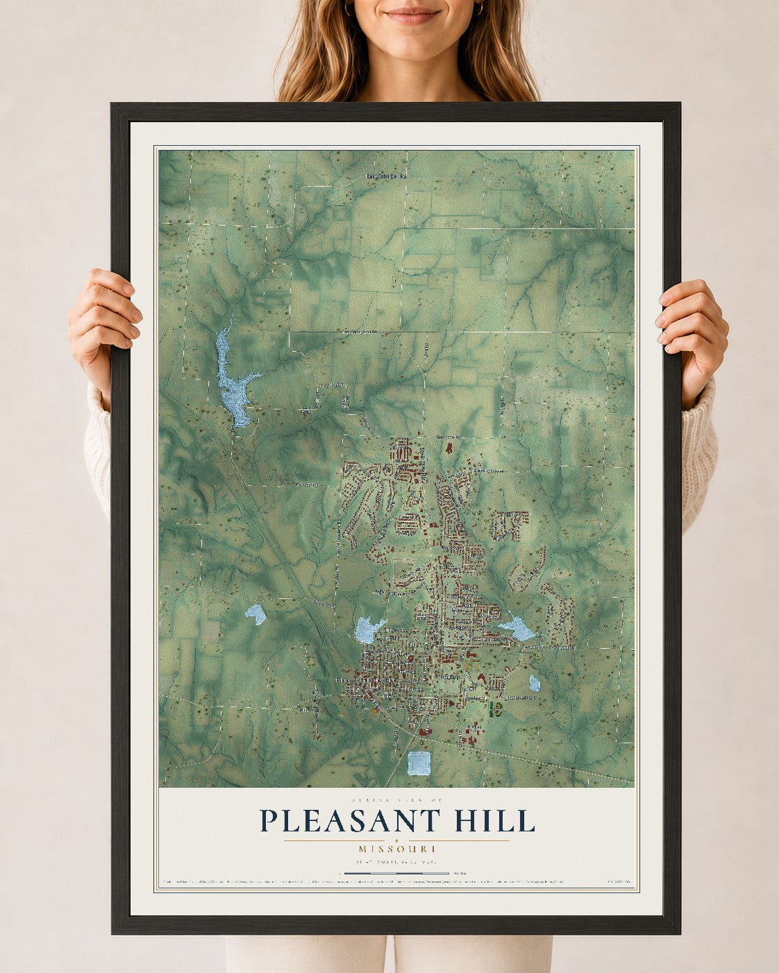 Map of Pleasant Hill, Missouri, 24 x 36 inch print in a black wood frame