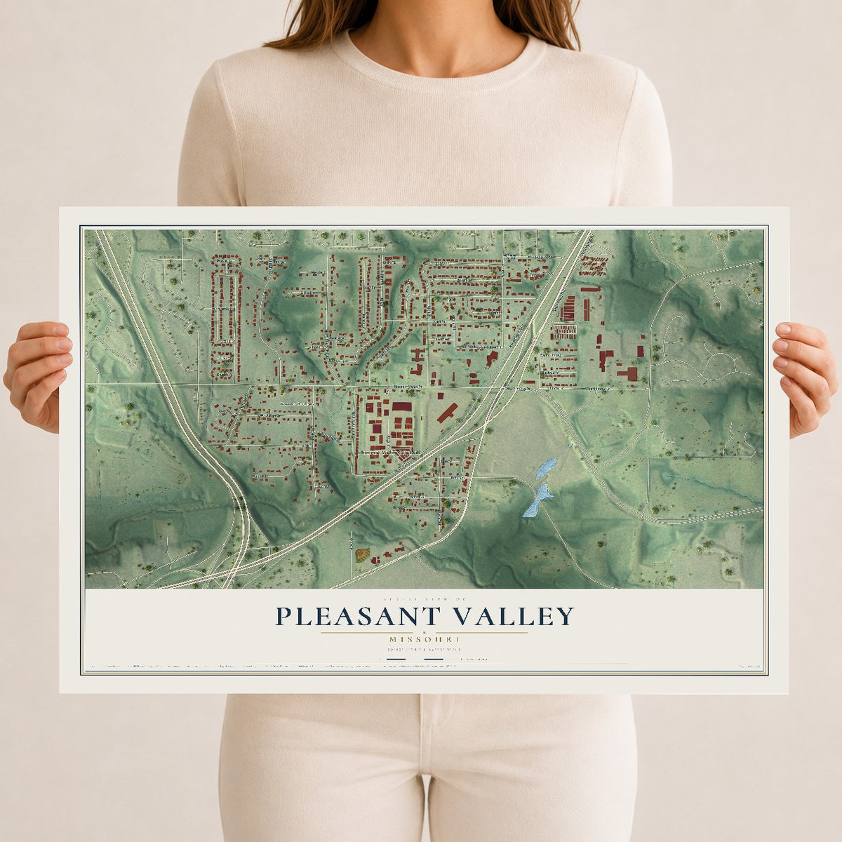 Map of Pleasant Valley, Missouri, 12 x 18 inch unframed archival matte print