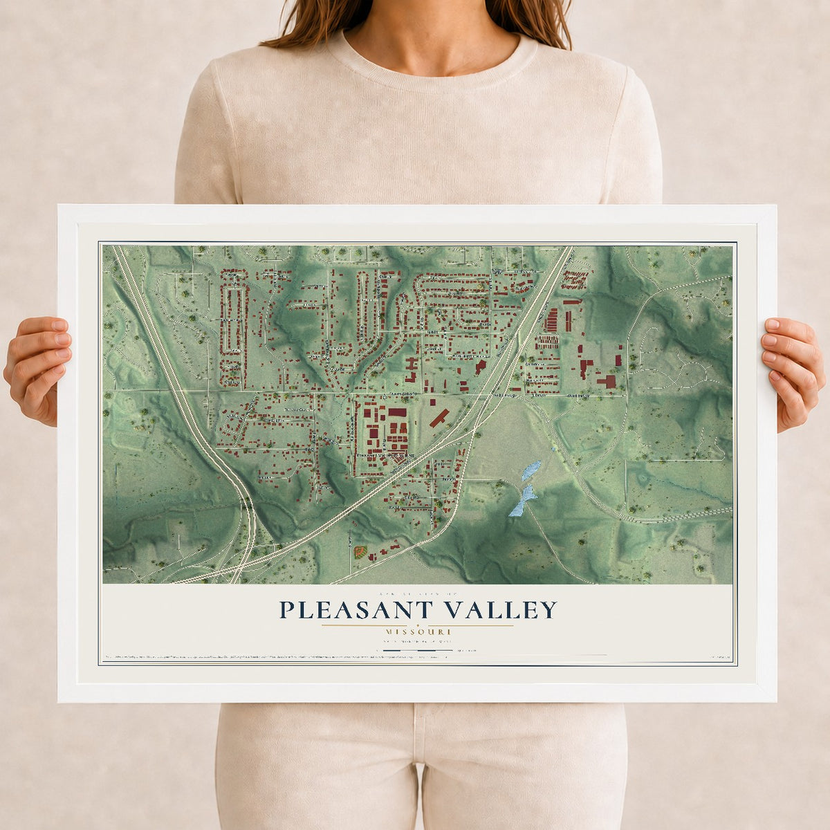 Map of Pleasant Valley, Missouri, 12 x 18 inch print in a white wood frame