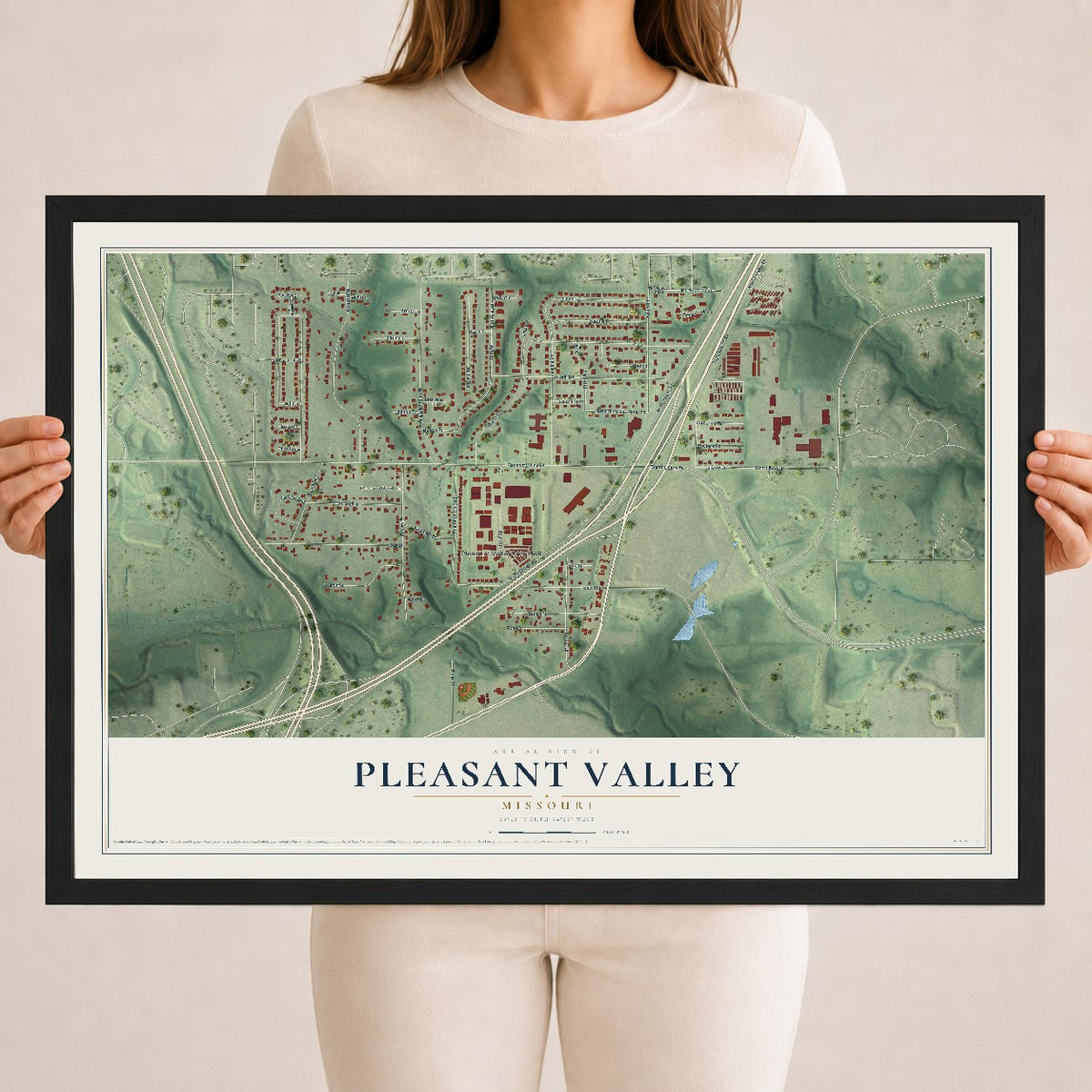 Map of Pleasant Valley, Missouri, 18 x 24 inch print in a black wood frame