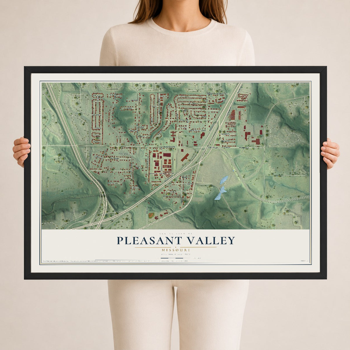 Map of Pleasant Valley, Missouri, 24 x 36 inch print in a black wood frame