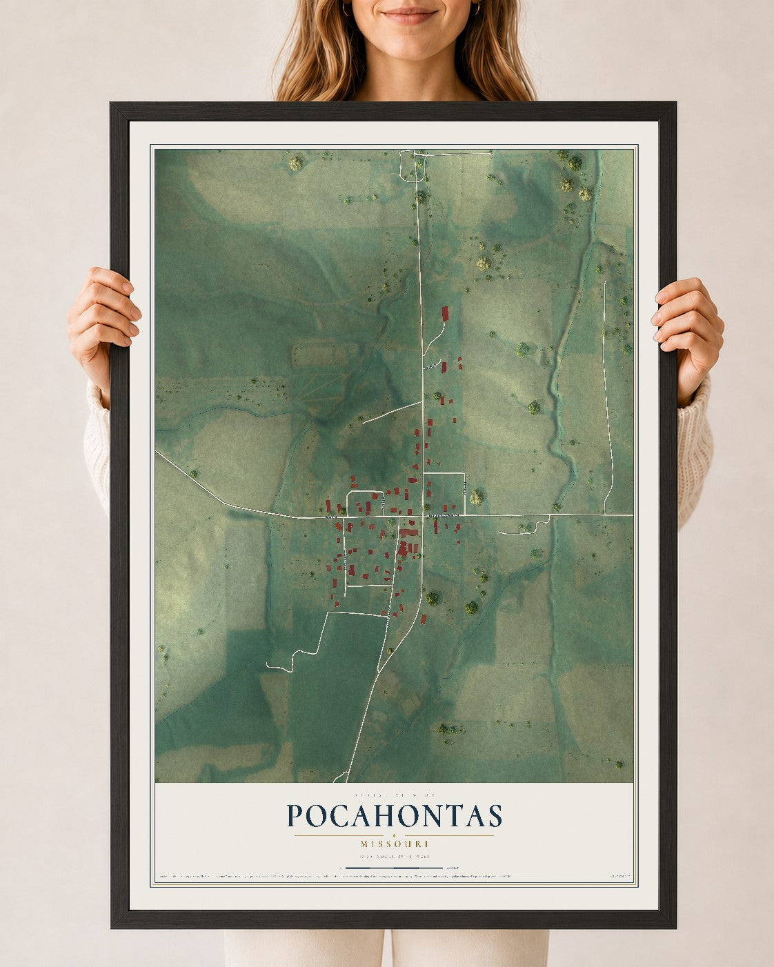 Map of Pocahontas, Missouri, 24 x 36 inch print in a black wood frame