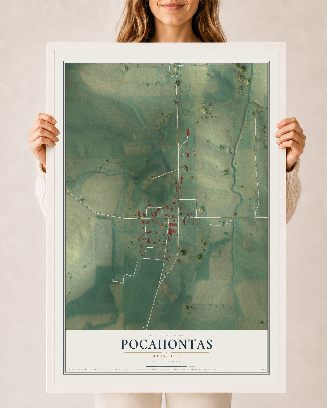 Map of Pocahontas, Missouri, 24 x 36 inch print in a white wood frame