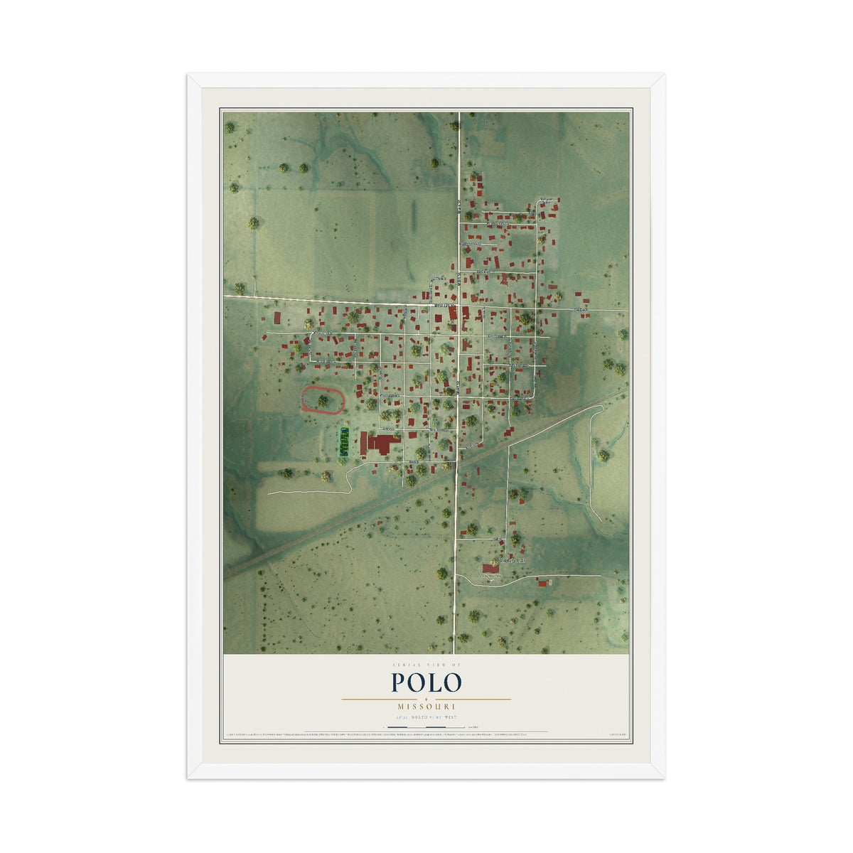 Map of Polo, Missouri, 12 x 18 inch print in a white wood frame