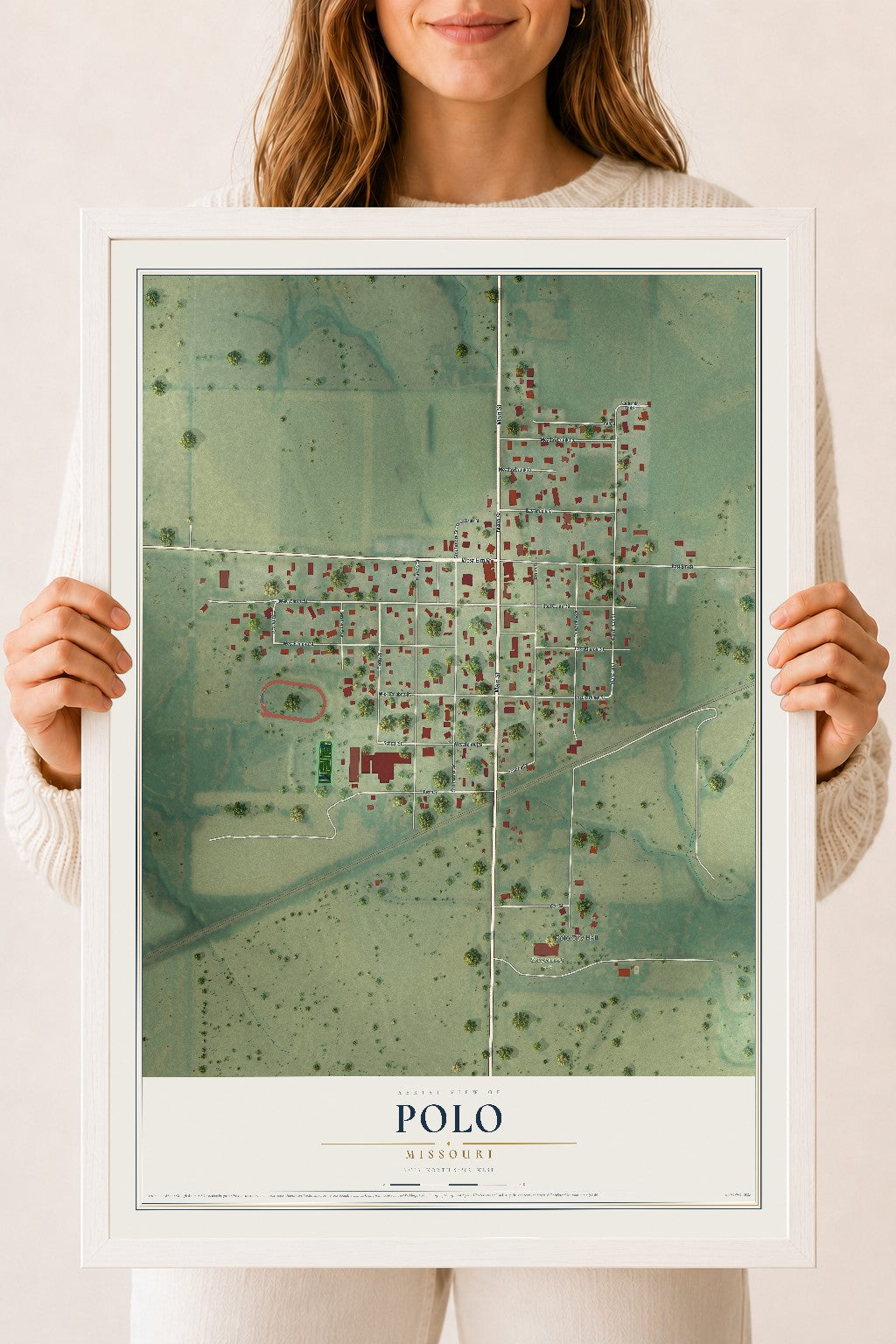 Map of Polo, Missouri, 18 x 24 inch print in a white wood frame