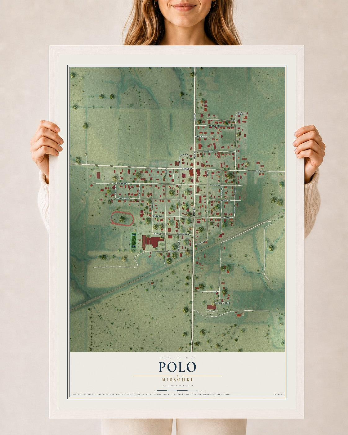 Map of Polo, Missouri, 24 x 36 inch print in a white wood frame