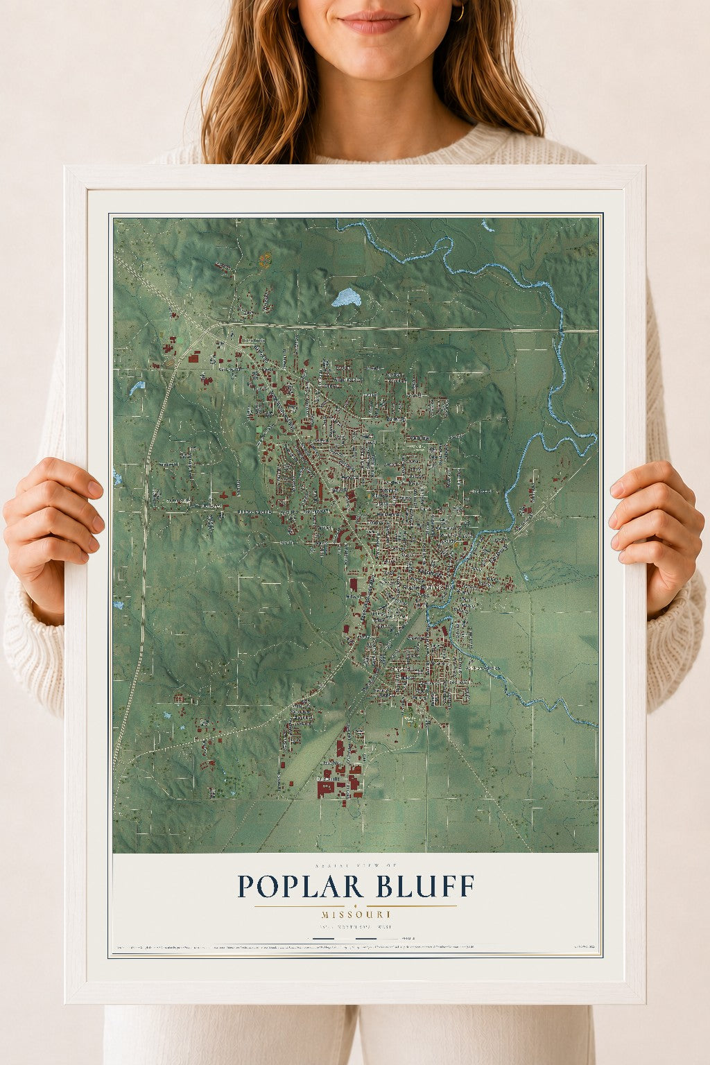 Map of Poplar Bluff, Missouri, 18 x 24 inch print in a white wood frame