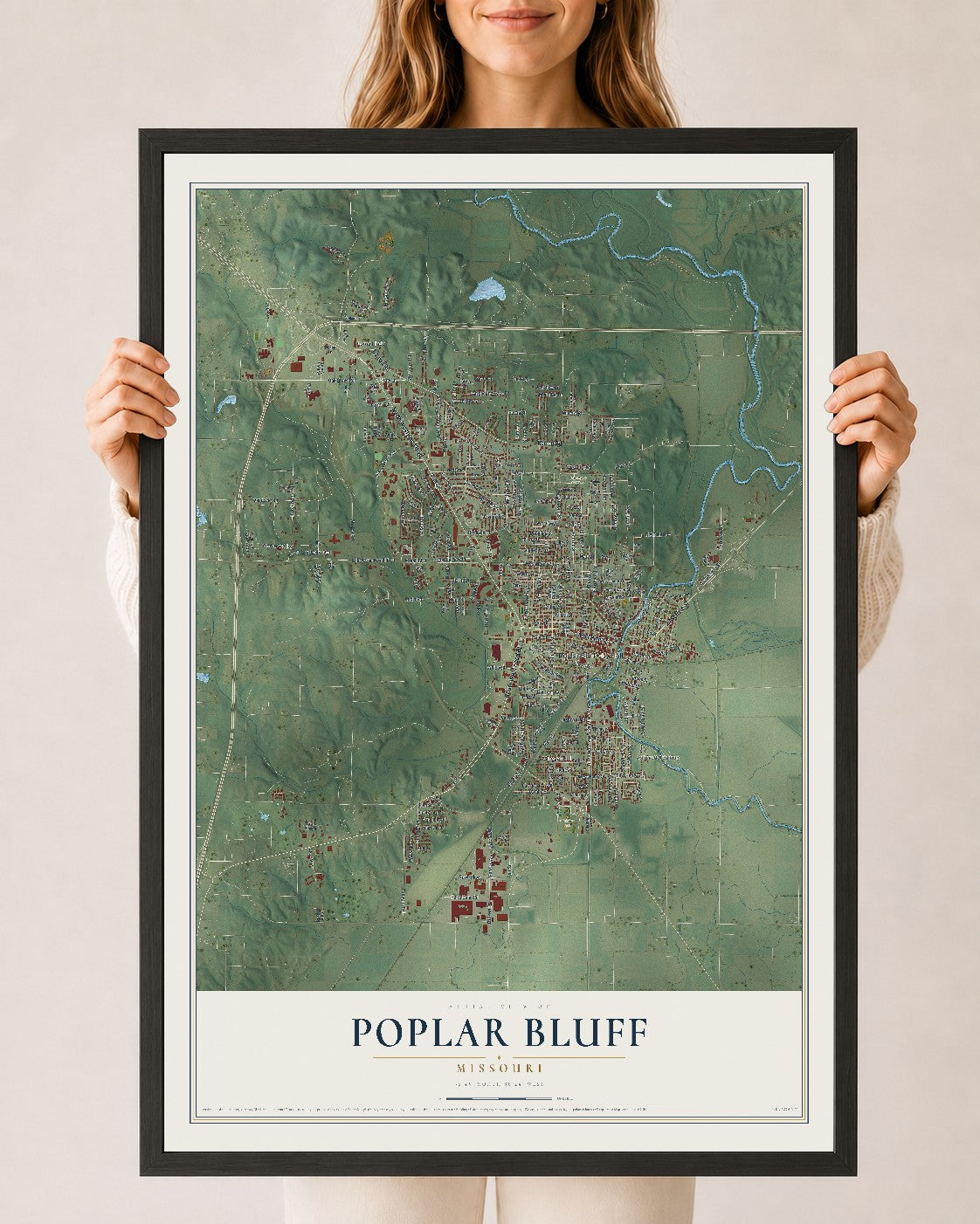 Map of Poplar Bluff, Missouri, 24 x 36 inch print in a black wood frame
