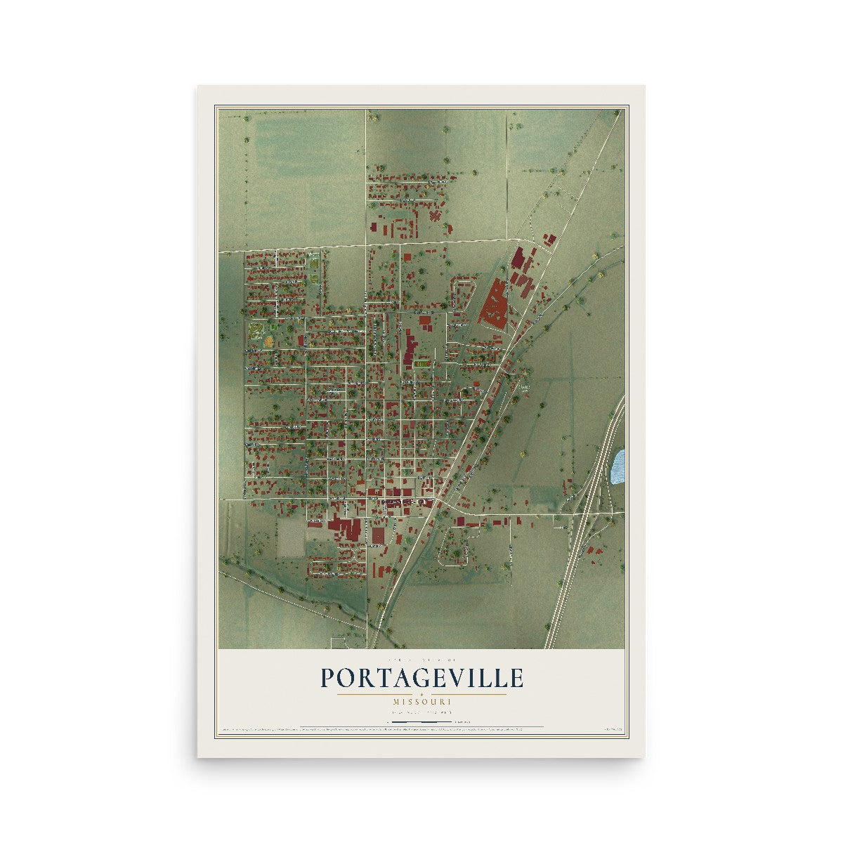 Map of Portageville, Missouri, 12 x 18 inch unframed archival matte print