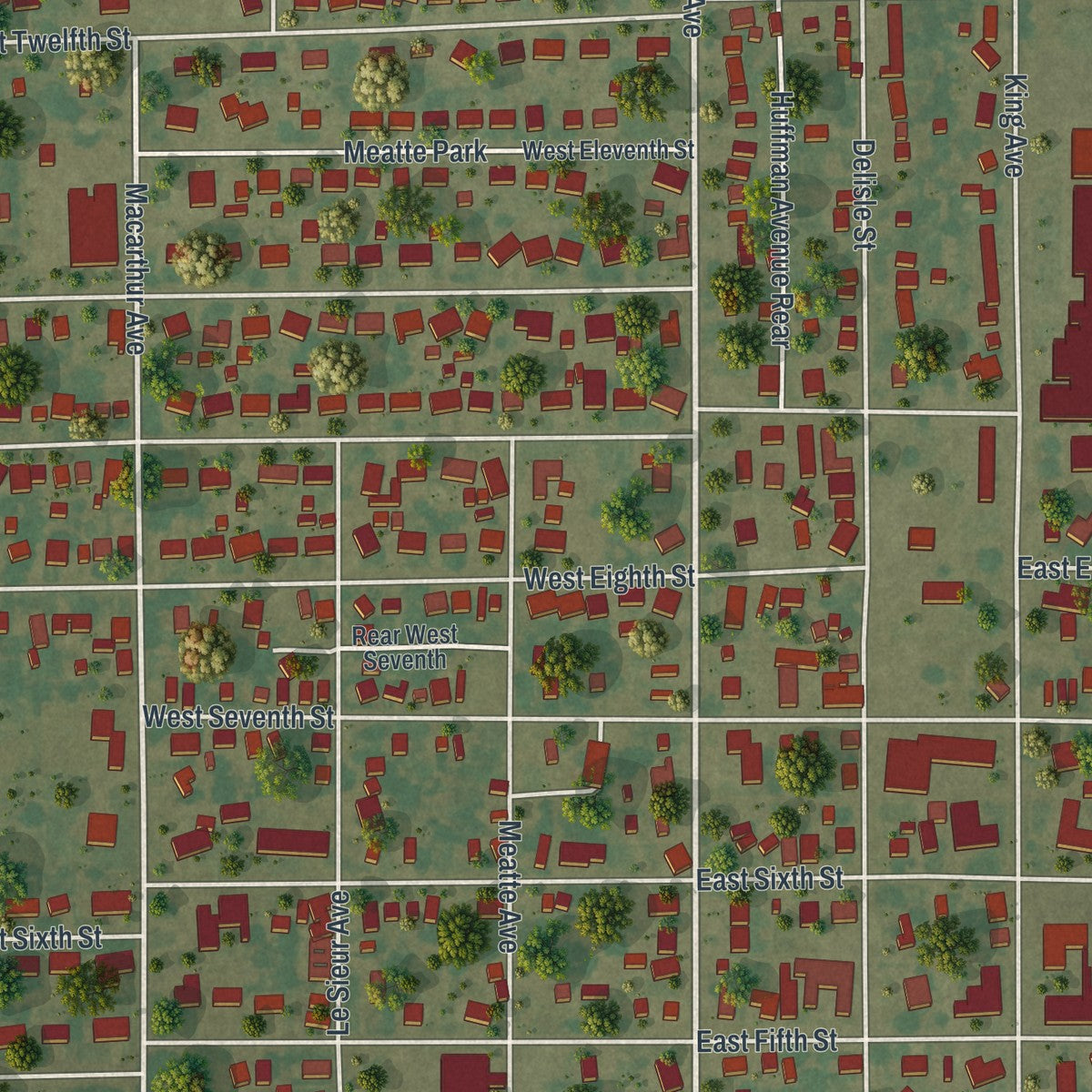 Close-up of the map of Portageville, Missouri print showing street and building detail